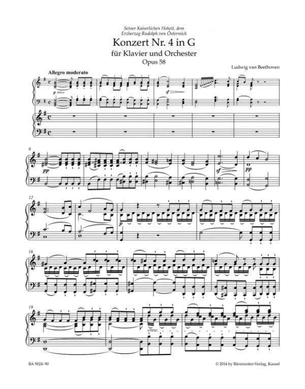 Beethoven, Ludwig van: Klavierkonzert/Piano Concerto no. 4 in G minor op. 58 (Bärenreiter urtext) Noter
