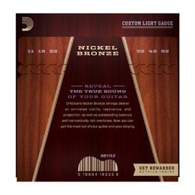D’Addario NB1152 Nickel Bronze Acoustic Guitar Strings, Custom Light, 11-52 Gitarrsträngar Sats Gitarrsträngar