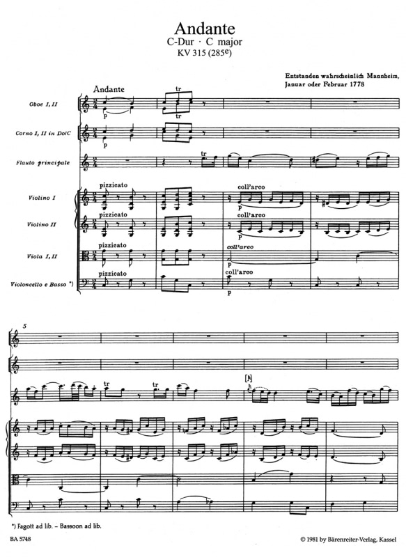 Mozart, Wolfgang Amadeus: Andante for Flute and Orchestra in C major K. 315 (285e) (partitur, urtext)