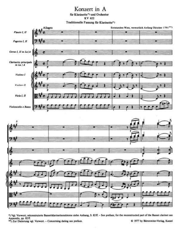 Mozart, Wolfgang Amadeus: Concerto for Clarinet and Orchestra in A major K. 622 (urtext, Studiepartitur) Noter