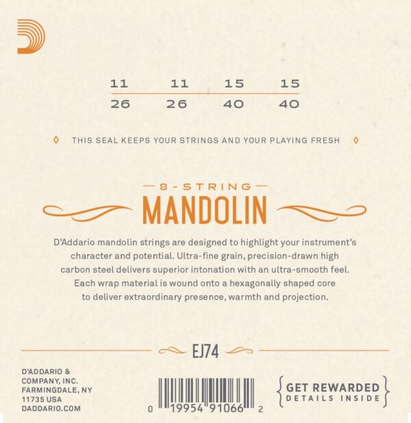 D’Addario E74, Strängar till Mandolin (phosphor bronze, loop end) medium, set Strängar Mandolin/Mandola