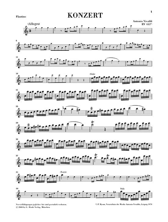 Vivaldi, Antonio: Concerto for Flautino (Recorder/Flute) and Orchestra C major/C-dur RV 443 (klaverutdrag, urtext) Blockflöjt Repertoar