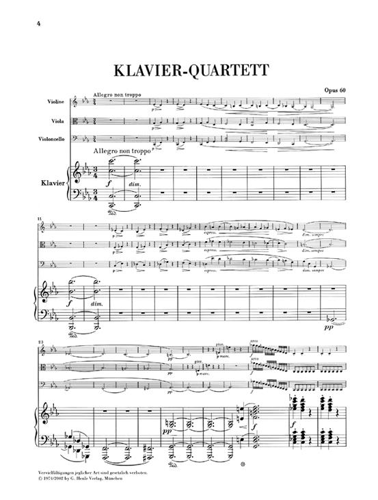 Brahms, Johannes: Klavierquartett c-moll Opus 60/Piano Quartet in c minor op.60 (pianokvartett, stämmor, urtext) Kammarmusik/Ensemble