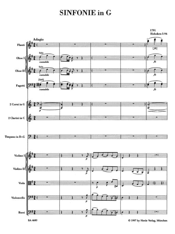 Haydn, Joseph: Symphony Nr. 94 G major Hob. I:94 ”The Surprise” Partitur/Studiepartitur