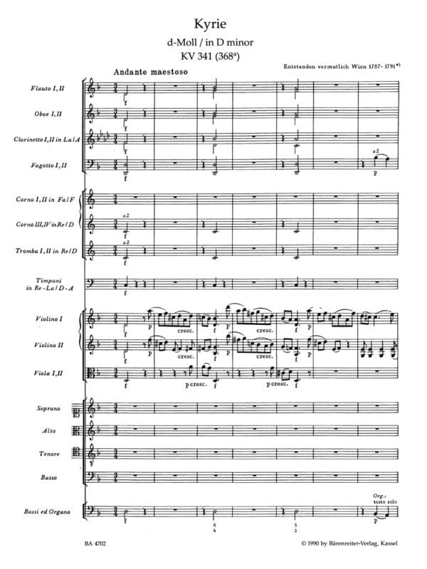 Mozart, Wolfgang Amadeus: Kyrie D minor K. 341 (368a) Partitur/Studiepartitur