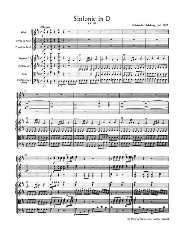 Mozart, Wolfgang Amadeus: Symphony Nr. 20 D major K. 133 Partitur/Studiepartitur