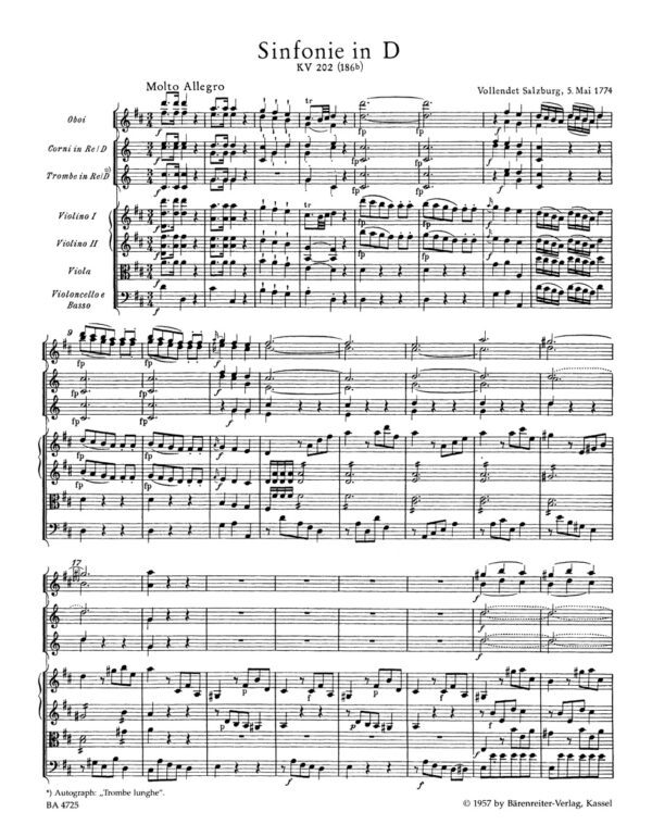 Mozart, Wolfgang Amadeus: Symphony Nr. 30 D major K. 202(186b) Partitur/Studiepartitur