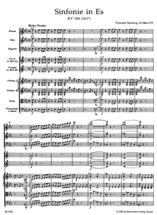 Mozart, Wolfgang Amadeus: Symphony Nr. 26 E-flat major K. 184(166a) Partitur/Studiepartitur