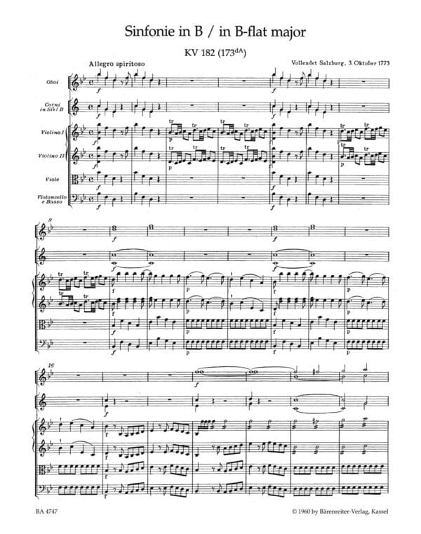 Mozart, Wolfgang Amadeus: Symphony Nr. 24 B-flat major K. 182 (173dA) Partitur/Studiepartitur