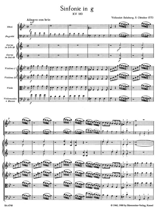 Mozart, Wolfgang Amadeus: Symphony Nr. 25 G minor K. 183 (K.6: 173 dB) Partitur/Studiepartitur