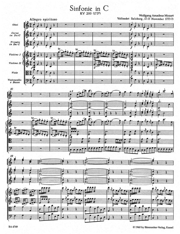 Mozart, Wolfgang Amadeus: Symphony Nr. 28 C major K. 200(173e) Partitur/Studiepartitur