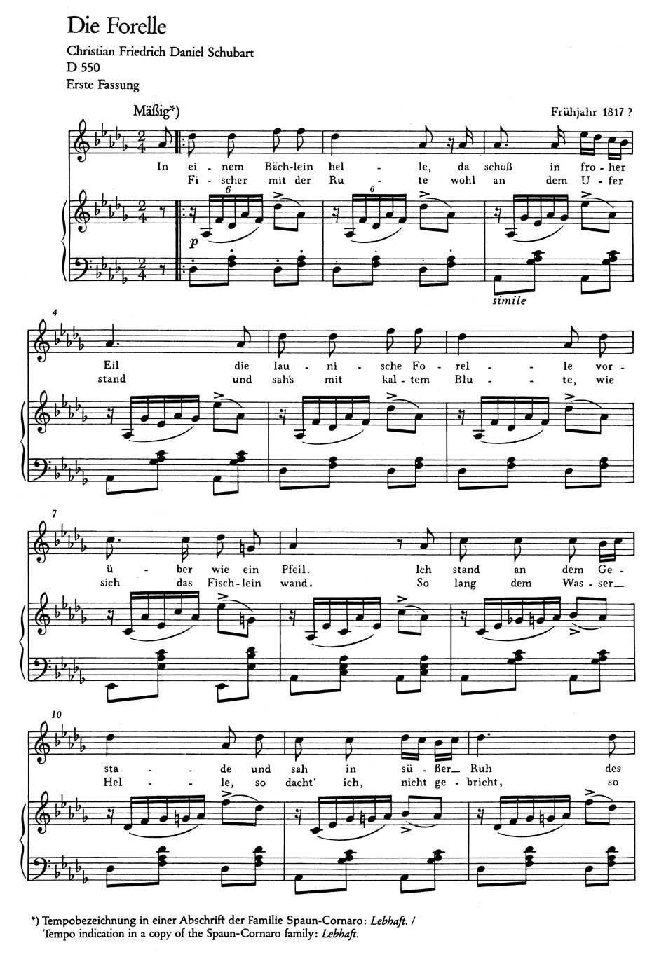 Schubert, Franz: The Trout op. 32 D 550 -Sololied. 5 transcriptions (versions) by the composer between 1817 and 1821-