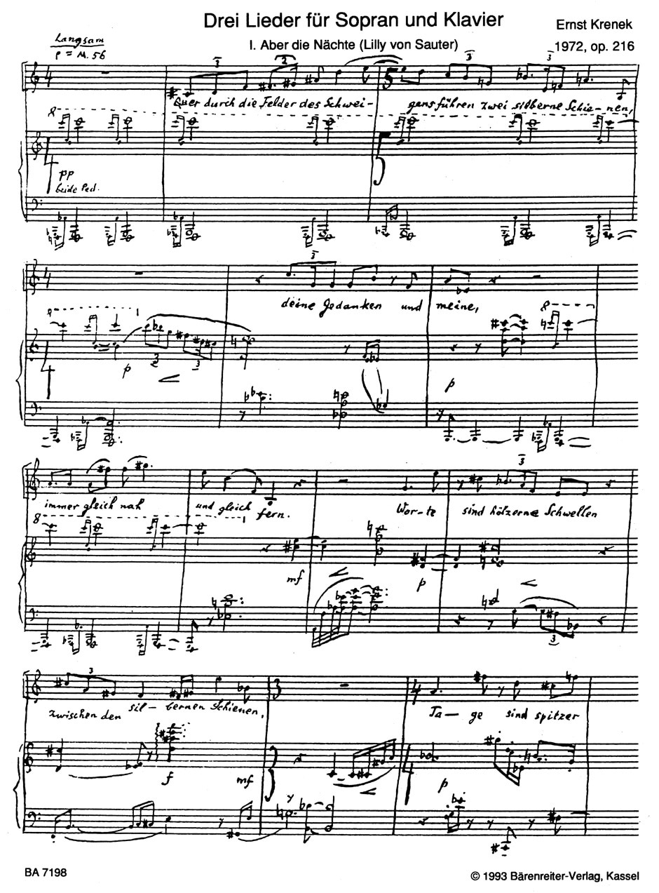 Krenek, Ernst: drei Lieder für Sopran und Klavier op. 216 (1972) -Aber die Nächte - Beschwörung - Der Sternenhimmel im Monat Mai 1964-