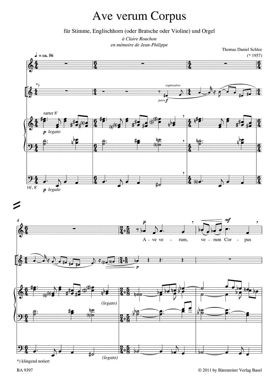 Schlee, Thomas Daniel: Ave verum Corpus für Stimme, Englischhorn (oder Bratsche oder Violine) und Orgel (2010)