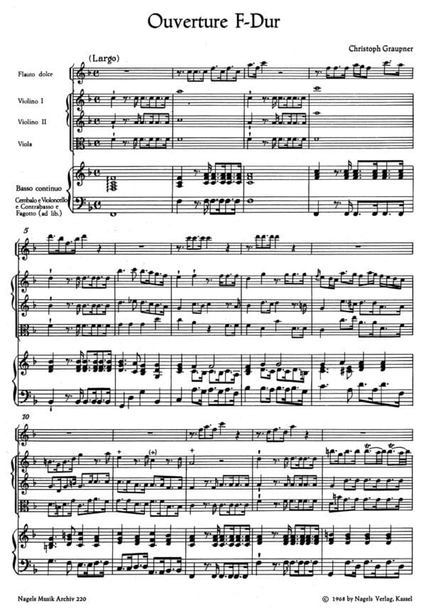 Graupner, Christoph: Ouvertüre für Treble Recorder, Streicher und Basso continuo F-Dur Partitur/Studiepartitur