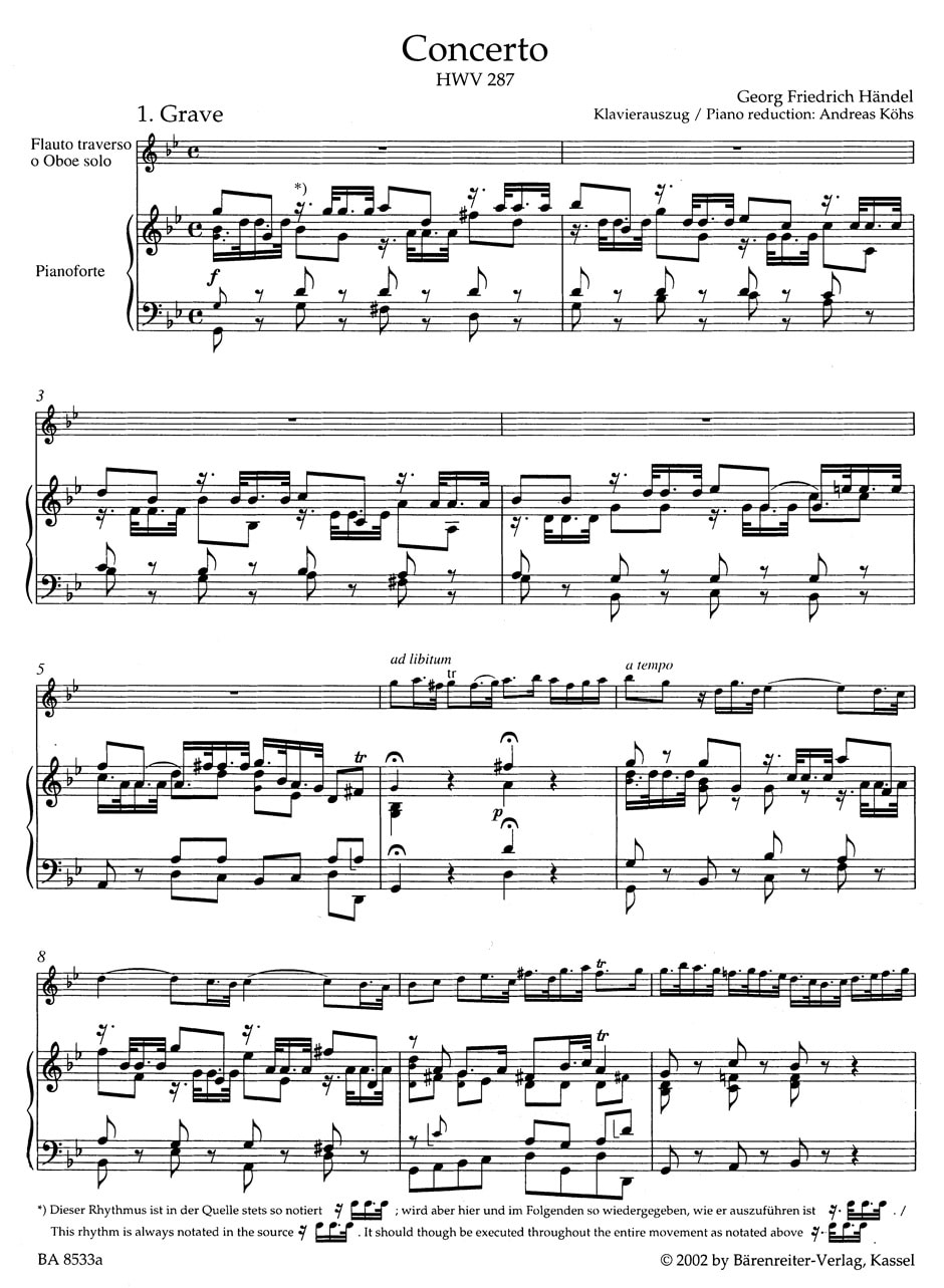 Handel, George Frideric: Concerto for Flute (Oboe) and Orchestra G minor HWV 287 Urtext based on newly found source