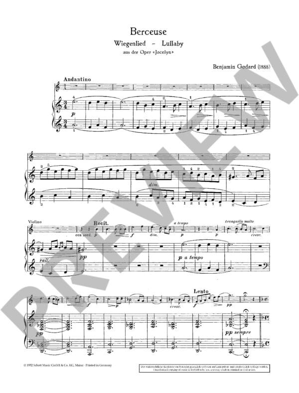 Godard, Benjamin: Berceuse/Wiegenlied/Lullaby from the opera ”Jocelyn” (Violin eller Cello och piano) Noter
