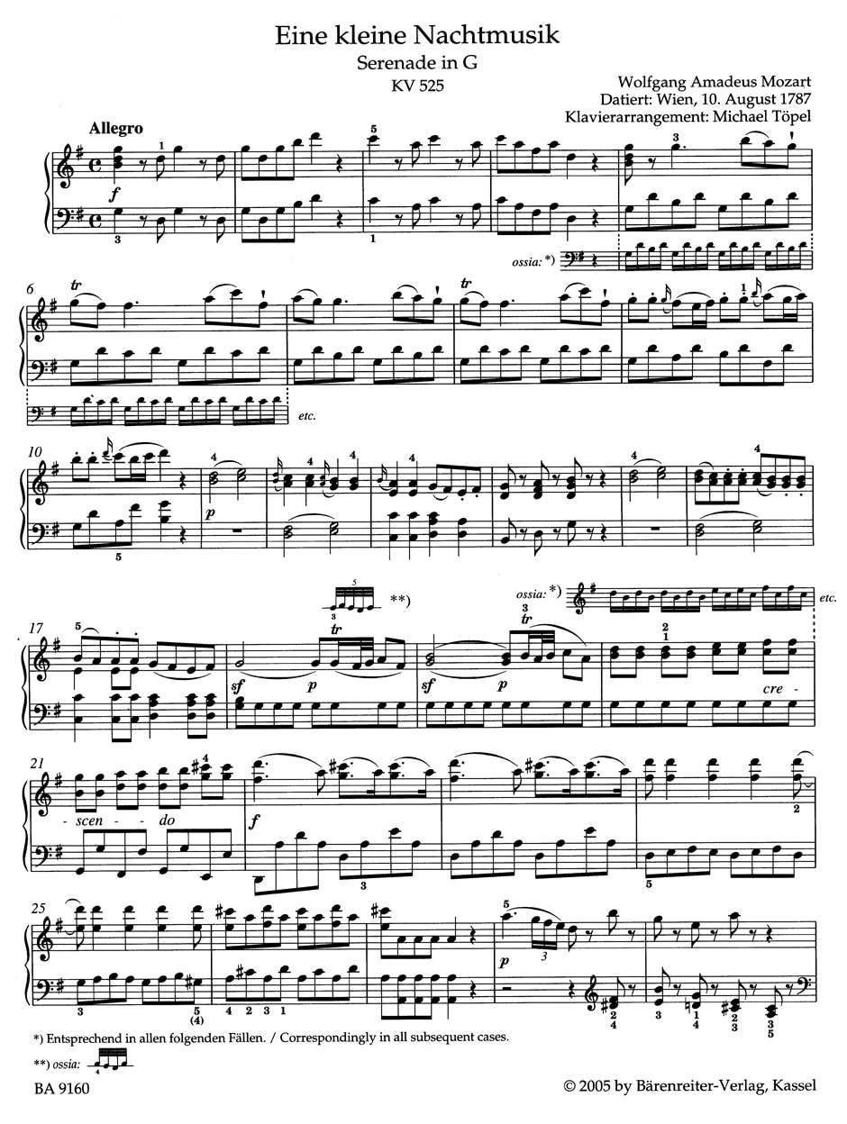 Mozart, Wolfgang Amadeus: Serenade in G major "Eine kleine Nachtmusik" for strings K. 525 Arranged for piano