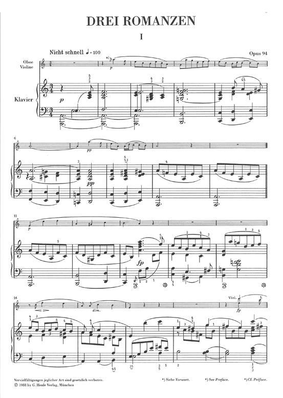 Schumann, Robert: Drei Romanzen Opus 94/Three Romances op. 94 for Oboe and Piano (Version for Violin, Urtext)