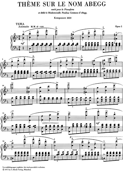 Schumann, Robert: Abegg-Variationen Opus 1/Abegg Variations op.1 (urtext)