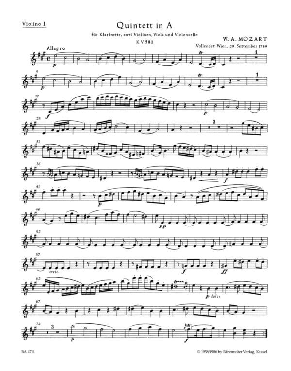 Mozart, Wolfgang Amadeus: Quintet for Clarinet, two Violins, Viola and Violoncello in A major K. 581 ”Stadler Quintet” (Set of parts, Urtext) Blås-stråk