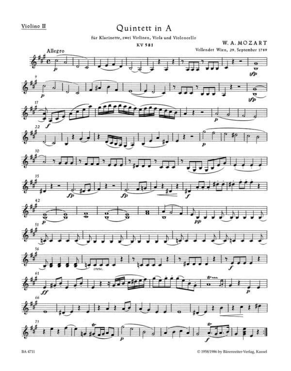 Mozart, Wolfgang Amadeus: Quintet for Clarinet, two Violins, Viola and Violoncello in A major K. 581 ”Stadler Quintet” (Set of parts, Urtext) Blås-stråk
