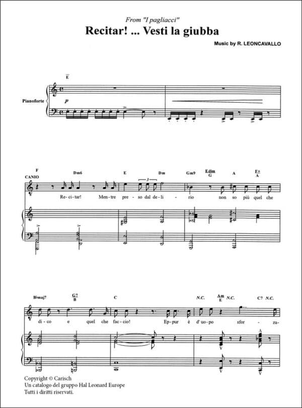Leoncavallo, Ruggero: Recitar !… Vesti la Giubba da ”I Pagliacci” (sång och piano) Noter