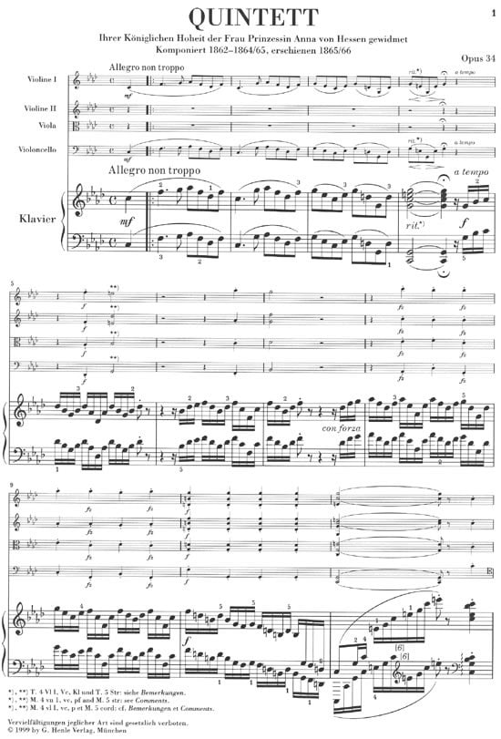 Brahms, Johannes: Piano Quintet in f minor, op. 34/Pianokvintett (urtext) Kammarmusik/Ensemble