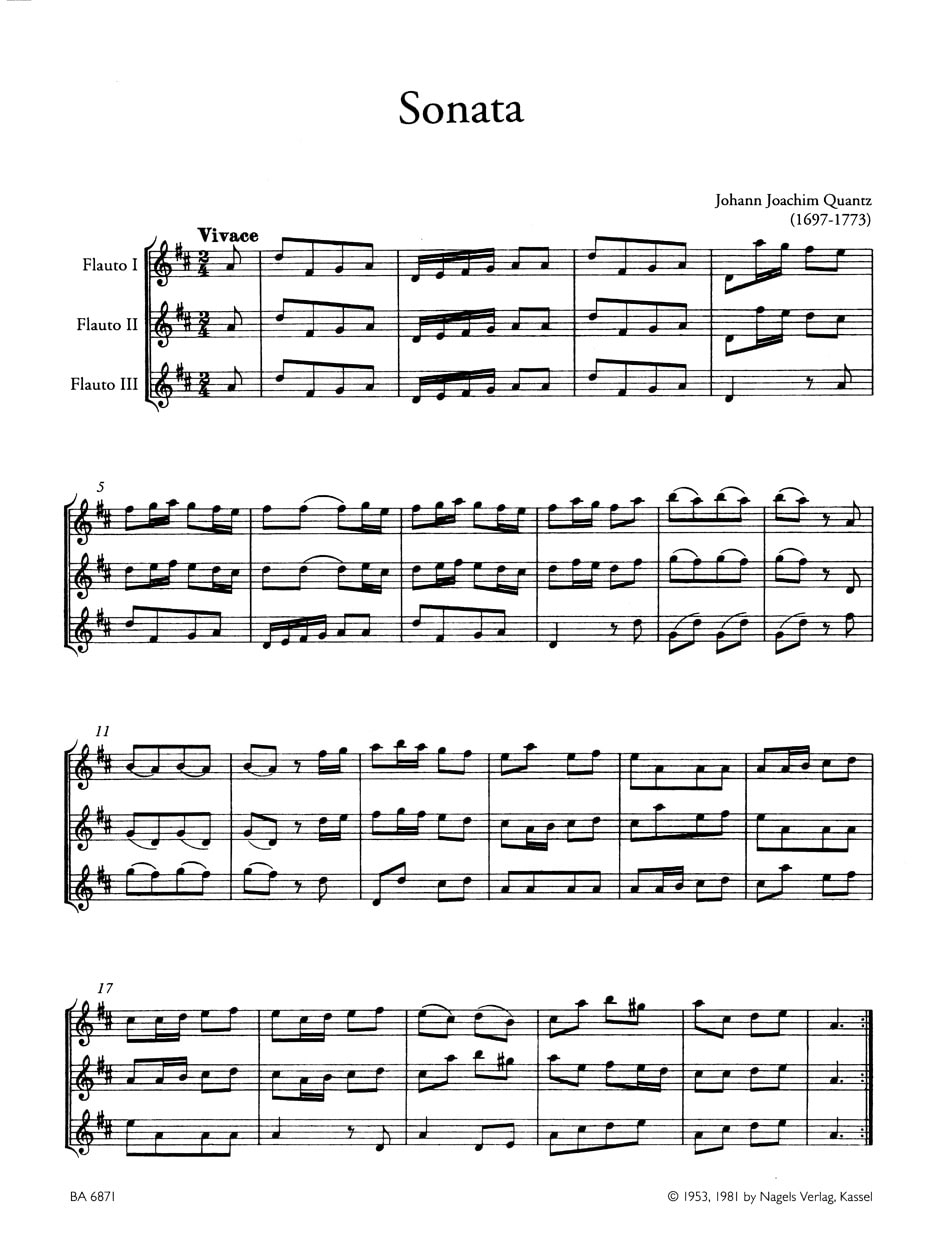 Quantz, Johann Joachim: Sonata for three Flutes (flöjttrio, spelpartitur)
