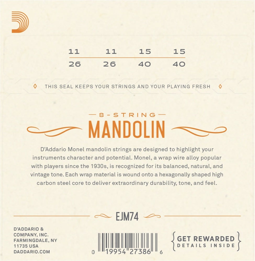 D'Addario EJM74, Strängar till Mandolin (monel, loop end) medium, set