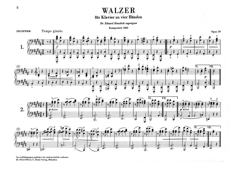 Brahms, Johannes: Walzer Opus 39/Waltzes op. 39 för 4-händigt piano (urtext)
