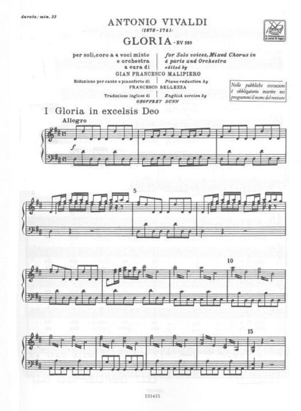 Vivaldi, Antonio: Gloria RV 589 (vocal score) Blandad kör
