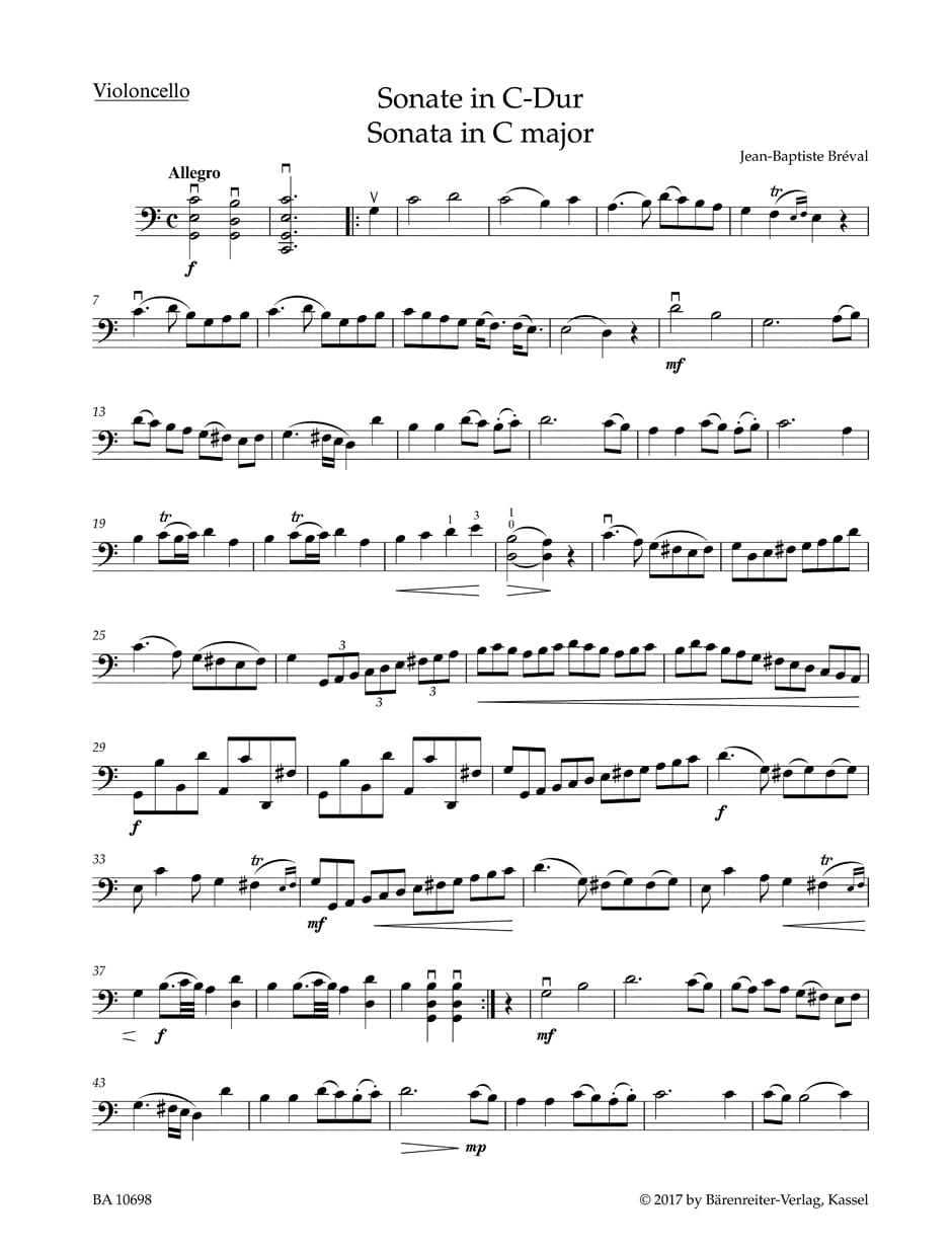 Bréval, Jean-Baptiste: Sonata in C major op. 40/1 (Arrangement for Violoncello and Piano)