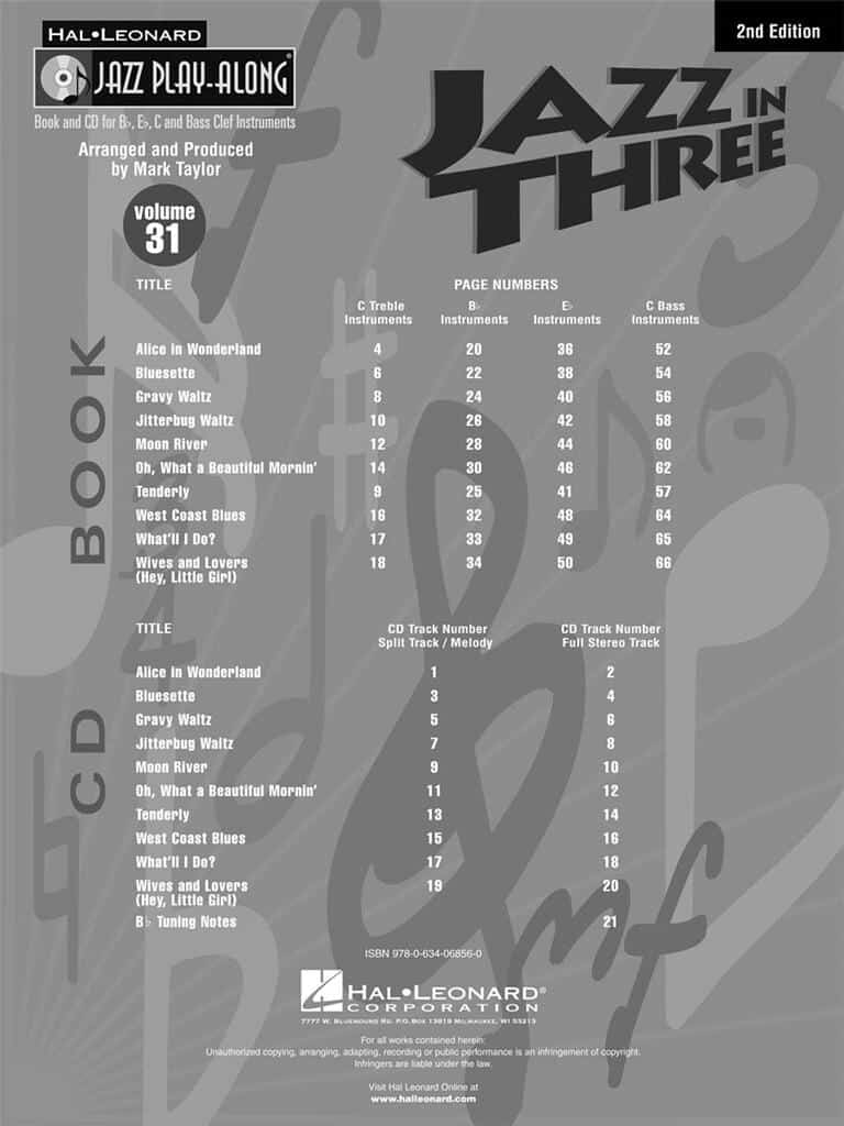 Hal Leonard Jazz Play-Along Volume 31: Jazz in Three - Second Edition (Bok + CD)