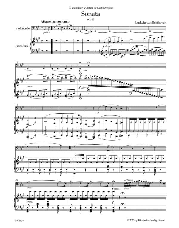 Beethoven, Ludwig van: Sonata for Pianoforte and Violoncello A major op. 69 (urtext, 100 years of Bärenreiter Jubilee edition) Cello klassisk repertoar