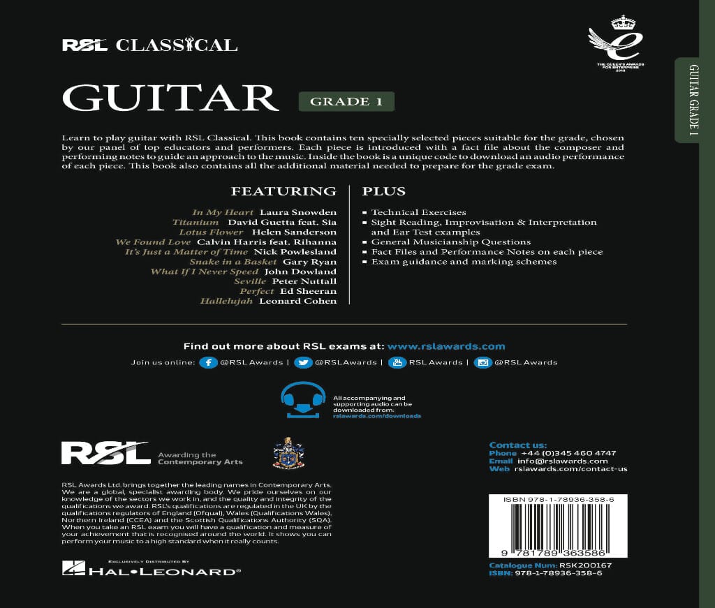 RSL Classical Guitar Grade 1 (2022) (Bok + online audio access)