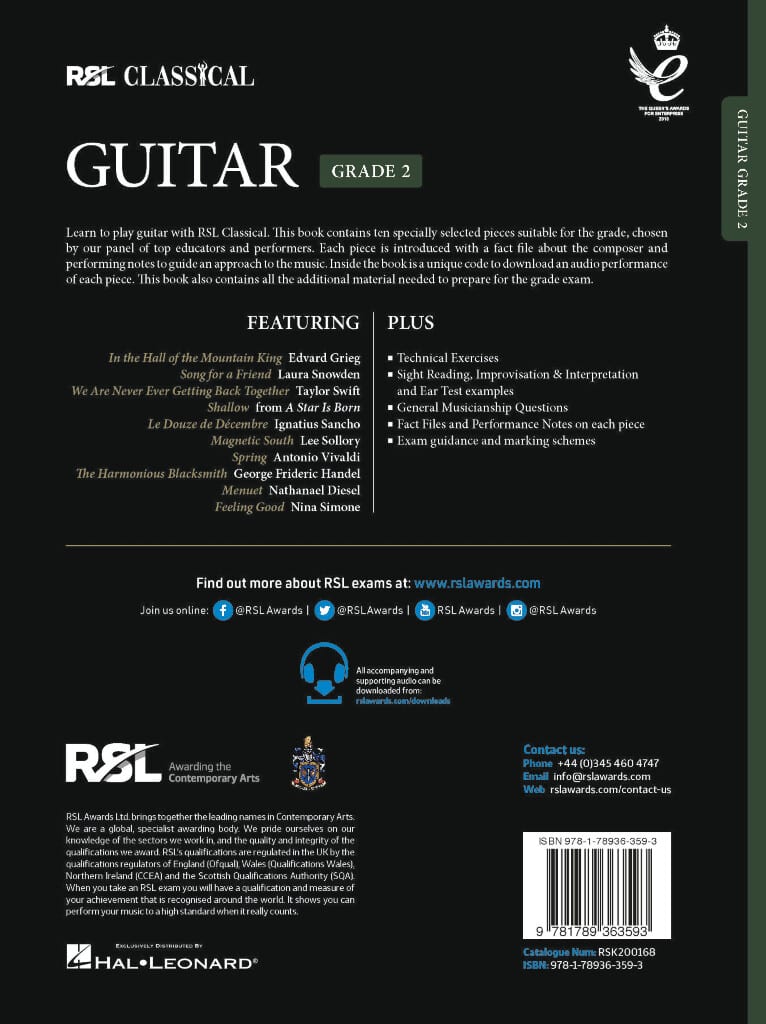 RSL Classical Guitar Grade 2 (2022) (Bok + online audio access)